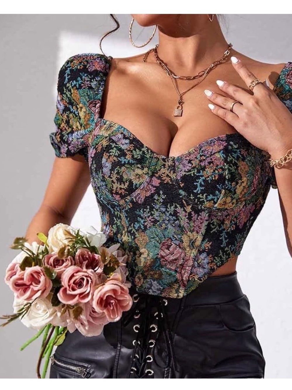 Romantic Floral Brocade Puff Sleeve Crop Top, Corset Style, Size M, NWOT